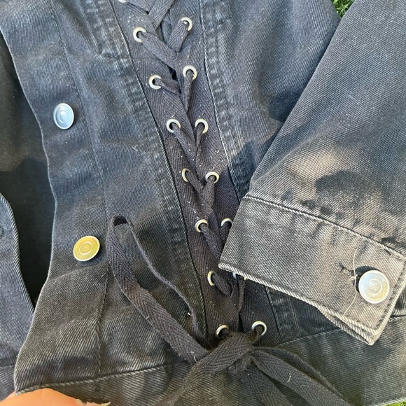 Black Denim Gromet Grunge Jean Jacket Love Tree - Picture 4 of 8